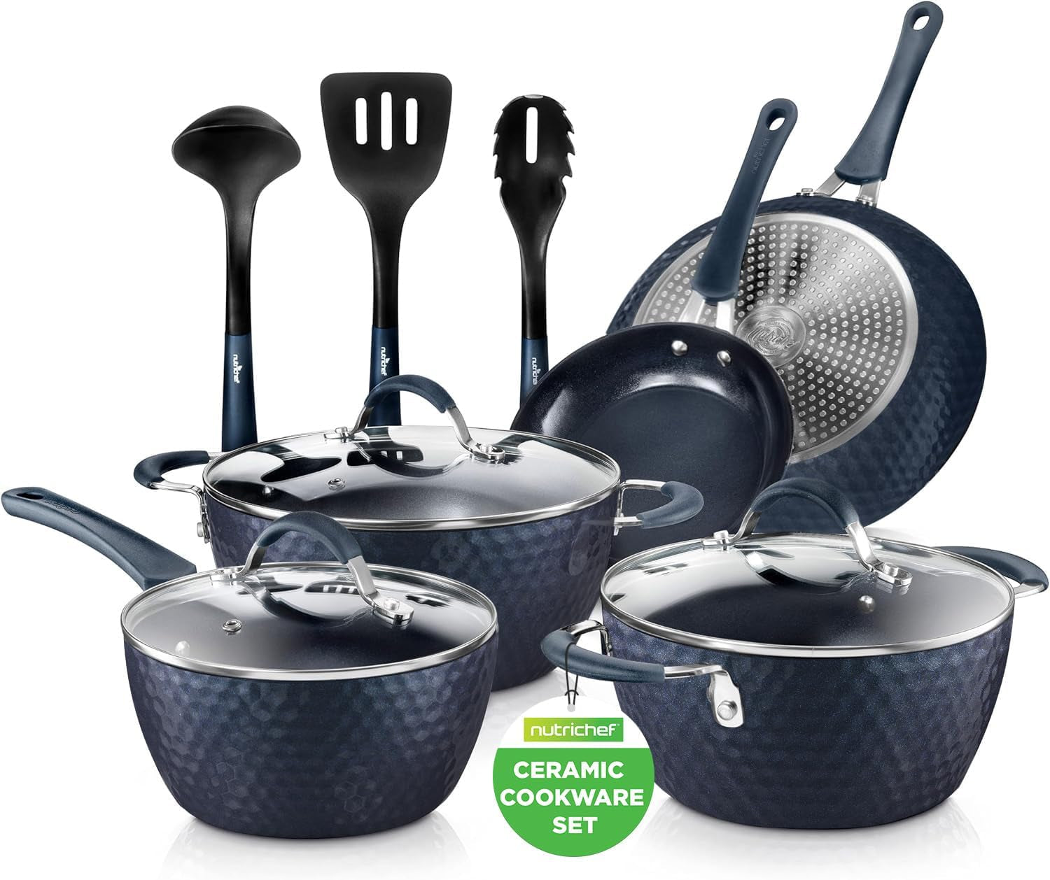 11 Pc Blue Diamond Nonstick Ceramic Cookware Set - Durable Pots and Pans with Cool-Touch Handles, Lids, Utensils
