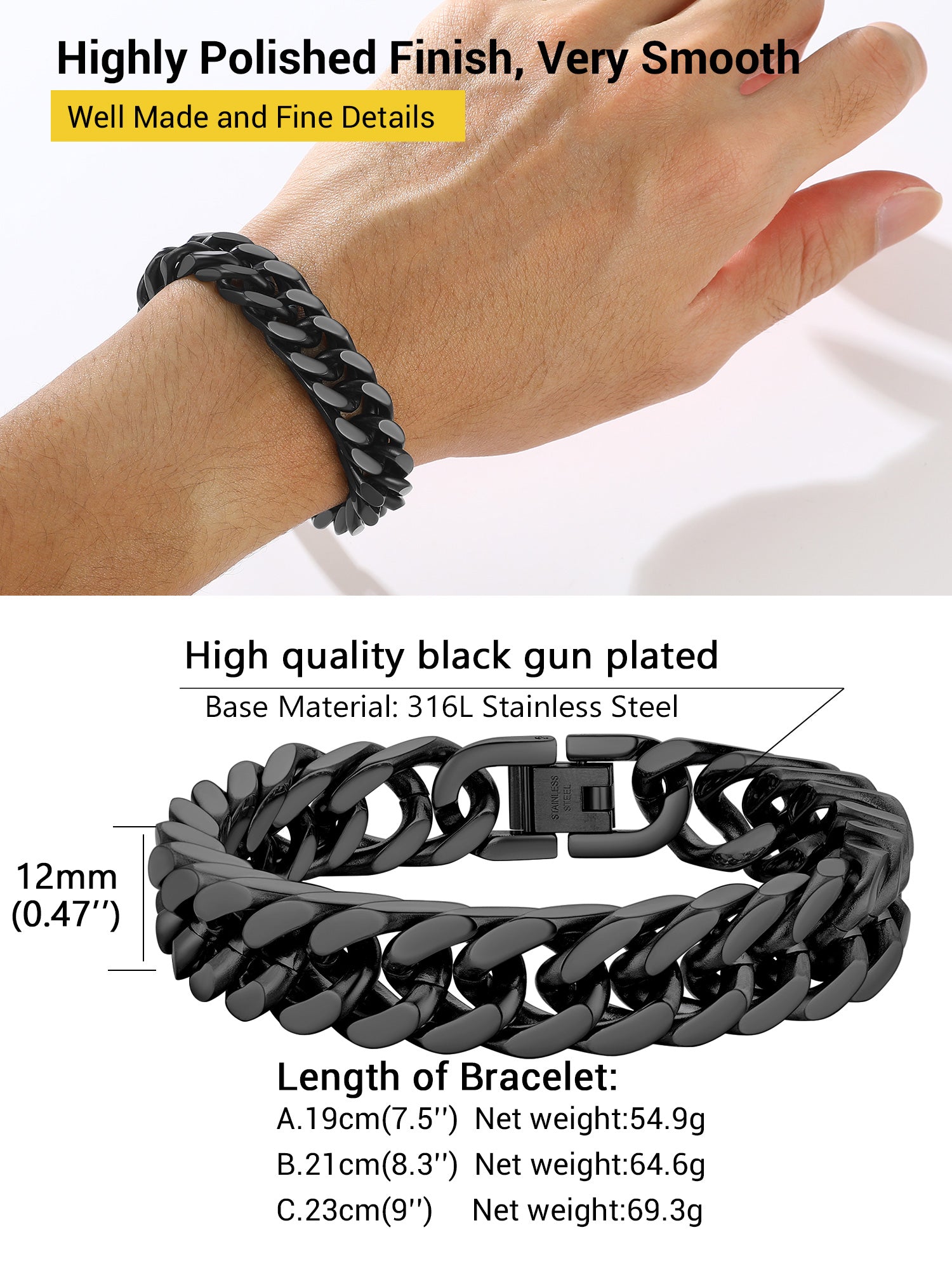 12Mm Cuban Chains Bracelets for Mens Black Chunky Stainless Steel Franco Link Bracelet for Boys, Cool Hip-Pop Bracelet Birthday Gift, 19Cm/7.5"