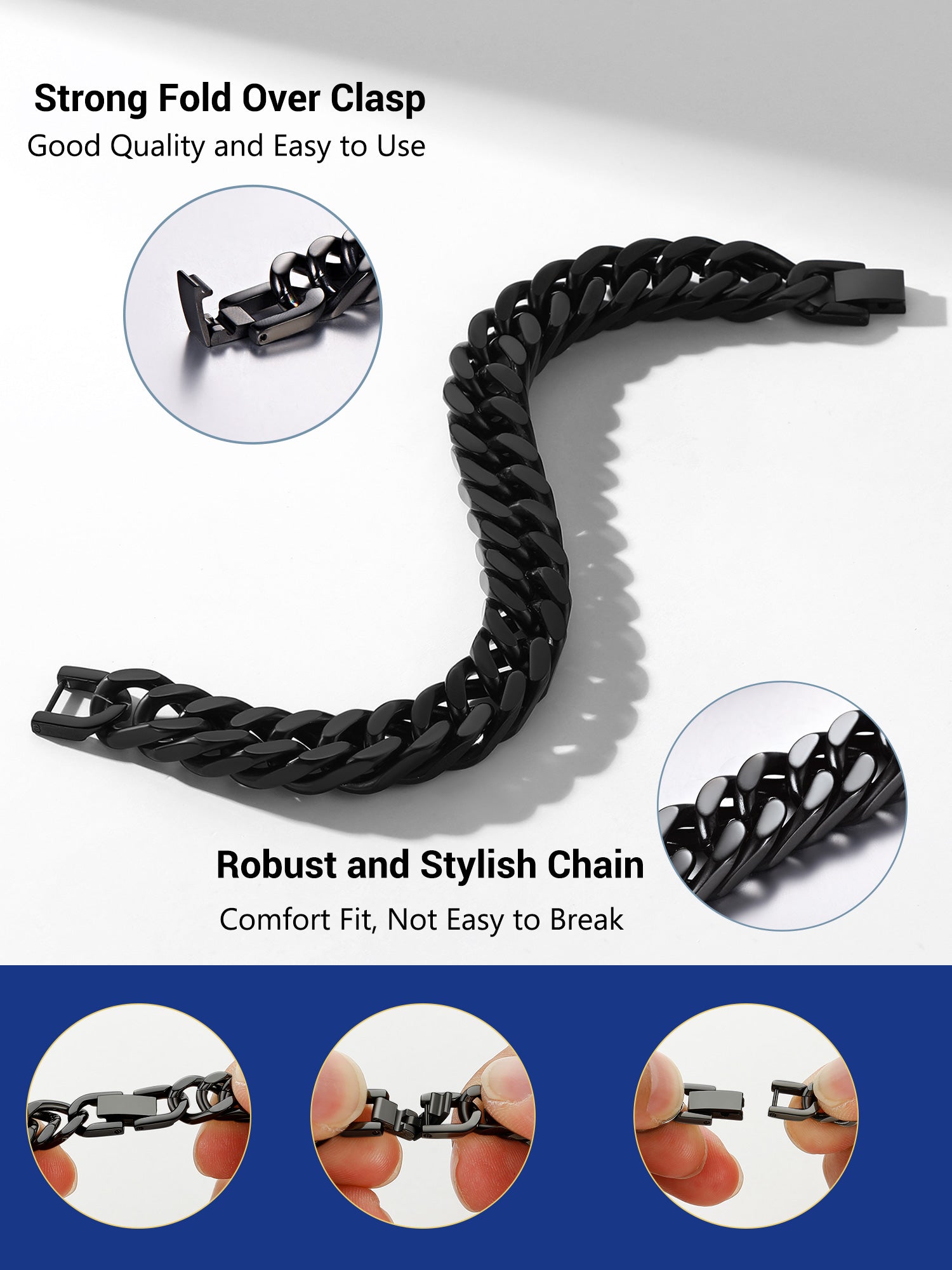 12Mm Cuban Chains Bracelets for Mens Black Chunky Stainless Steel Franco Link Bracelet for Boys, Cool Hip-Pop Bracelet Birthday Gift, 19Cm/7.5"