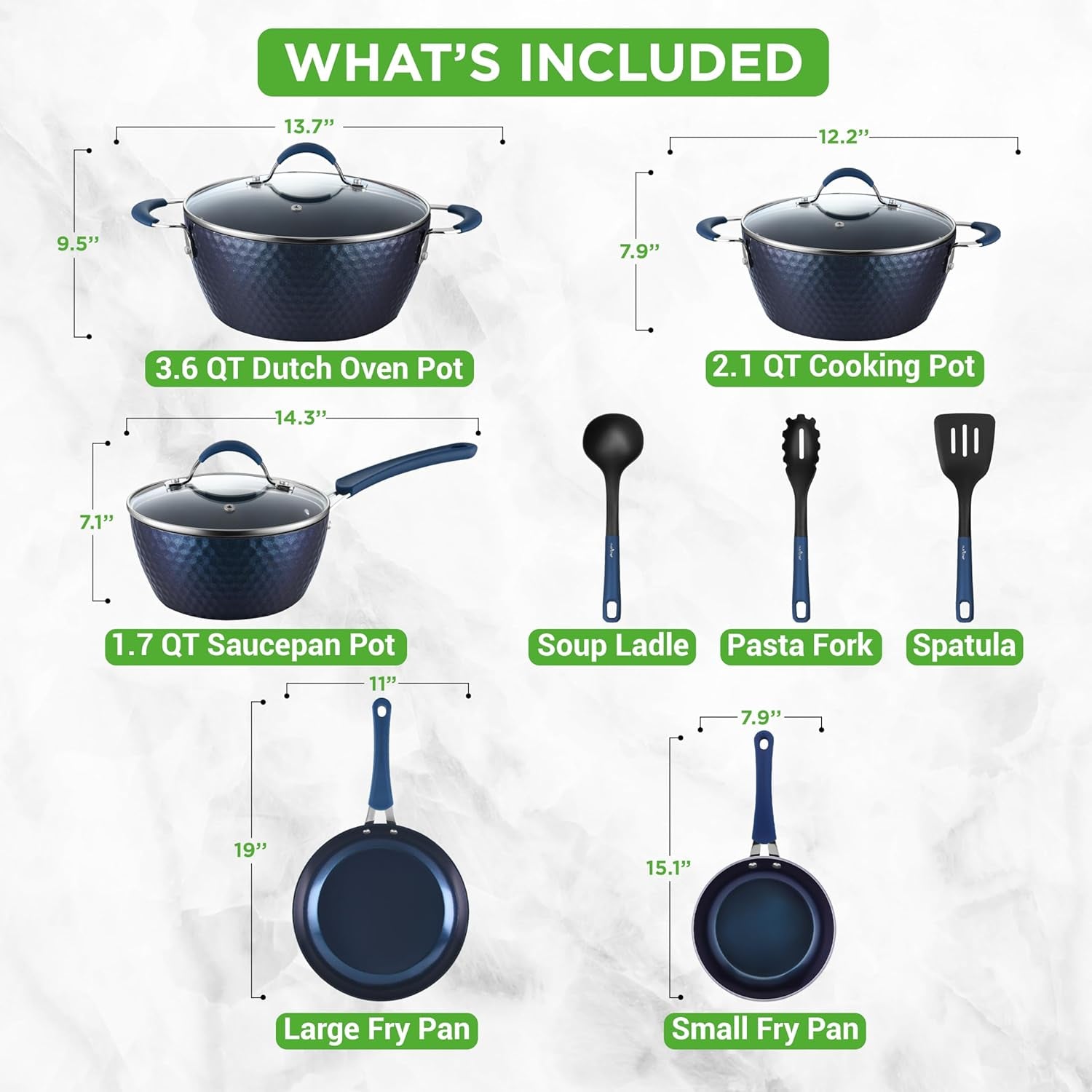 11 Pc Blue Diamond Nonstick Ceramic Cookware Set - Durable Pots and Pans with Cool-Touch Handles, Lids, Utensils