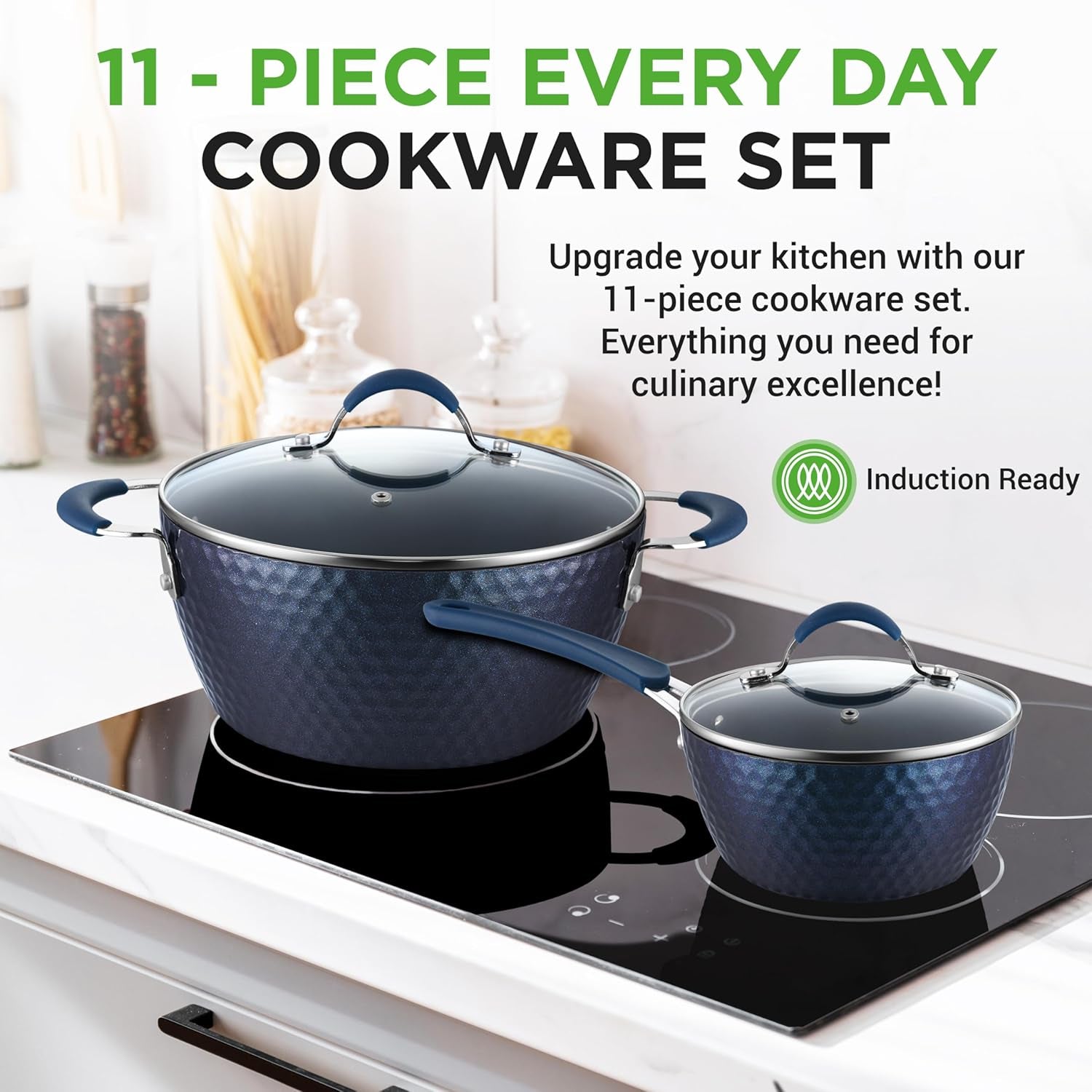 11 Pc Blue Diamond Nonstick Ceramic Cookware Set - Durable Pots and Pans with Cool-Touch Handles, Lids, Utensils