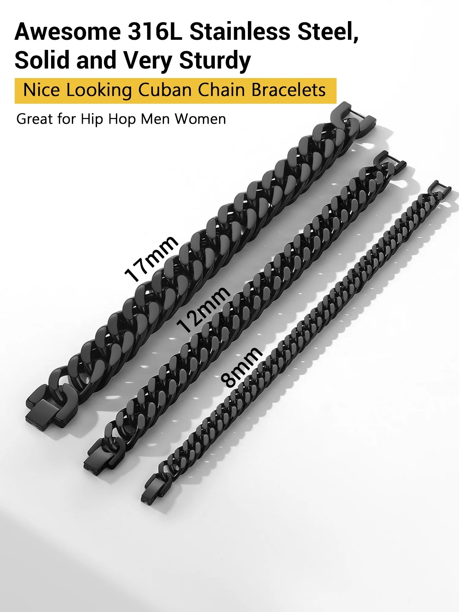 12Mm Cuban Chains Bracelets for Mens Black Chunky Stainless Steel Franco Link Bracelet for Boys, Cool Hip-Pop Bracelet Birthday Gift, 19Cm/7.5"