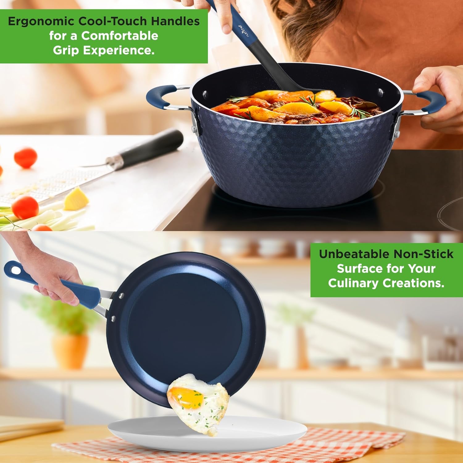 11 Pc Blue Diamond Nonstick Ceramic Cookware Set - Durable Pots and Pans with Cool-Touch Handles, Lids, Utensils
